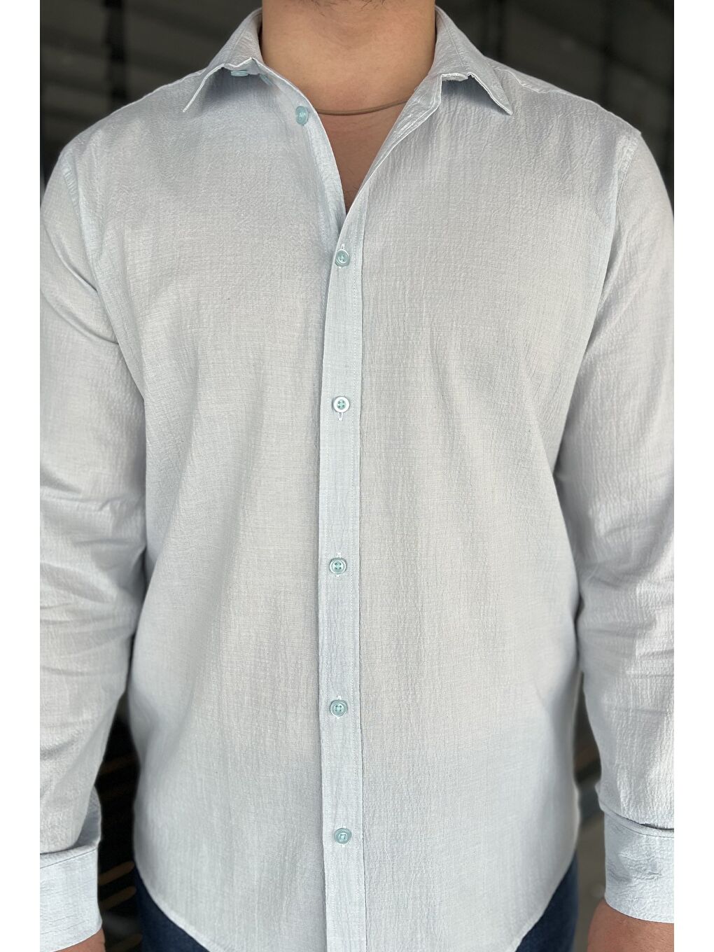 Mavi Kendinden Desenli Erkek Uzun Kol Gömlek-2