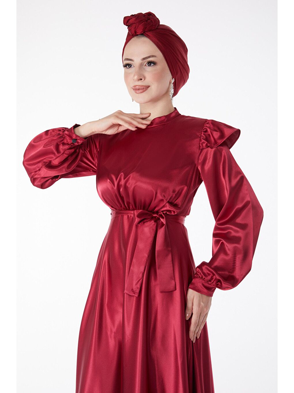 Düz Hakim Yaka Kadın Bordo Prenses Kol Abiye Elbise - 24887-1