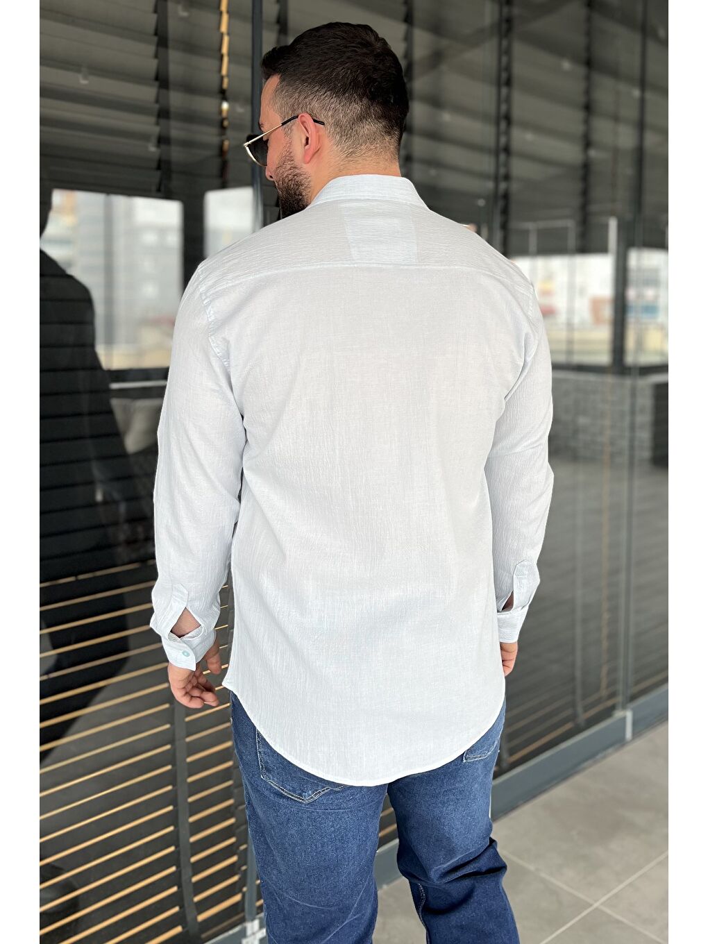 Mavi Kendinden Desenli Erkek Uzun Kol Gömlek-3