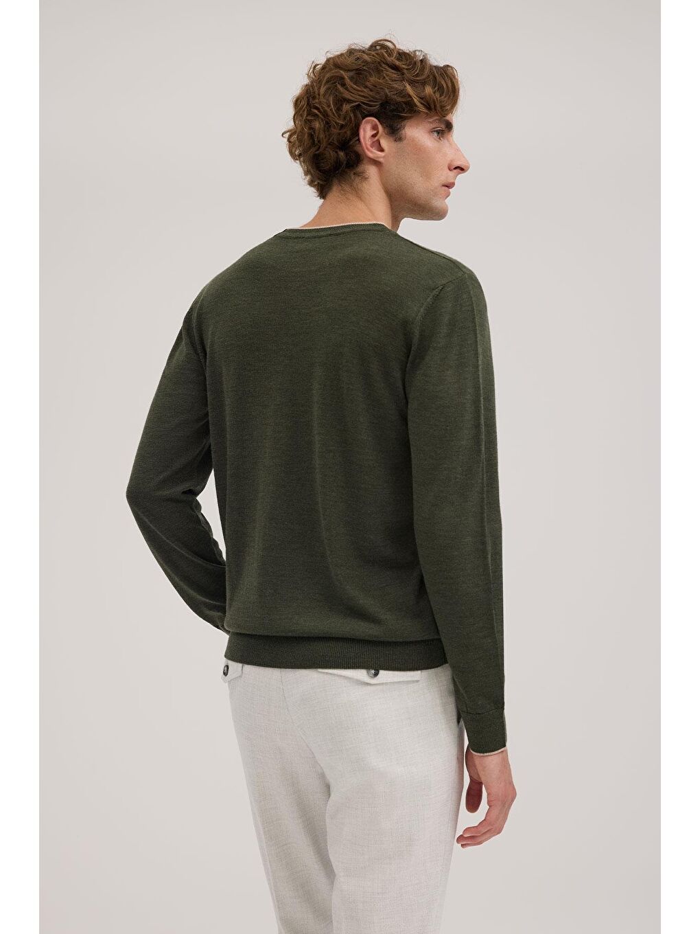 Zümrüt Yeşil Slim Fit Bisiklet Yaka V Tiftikli Yünlü Triko Kazak-3