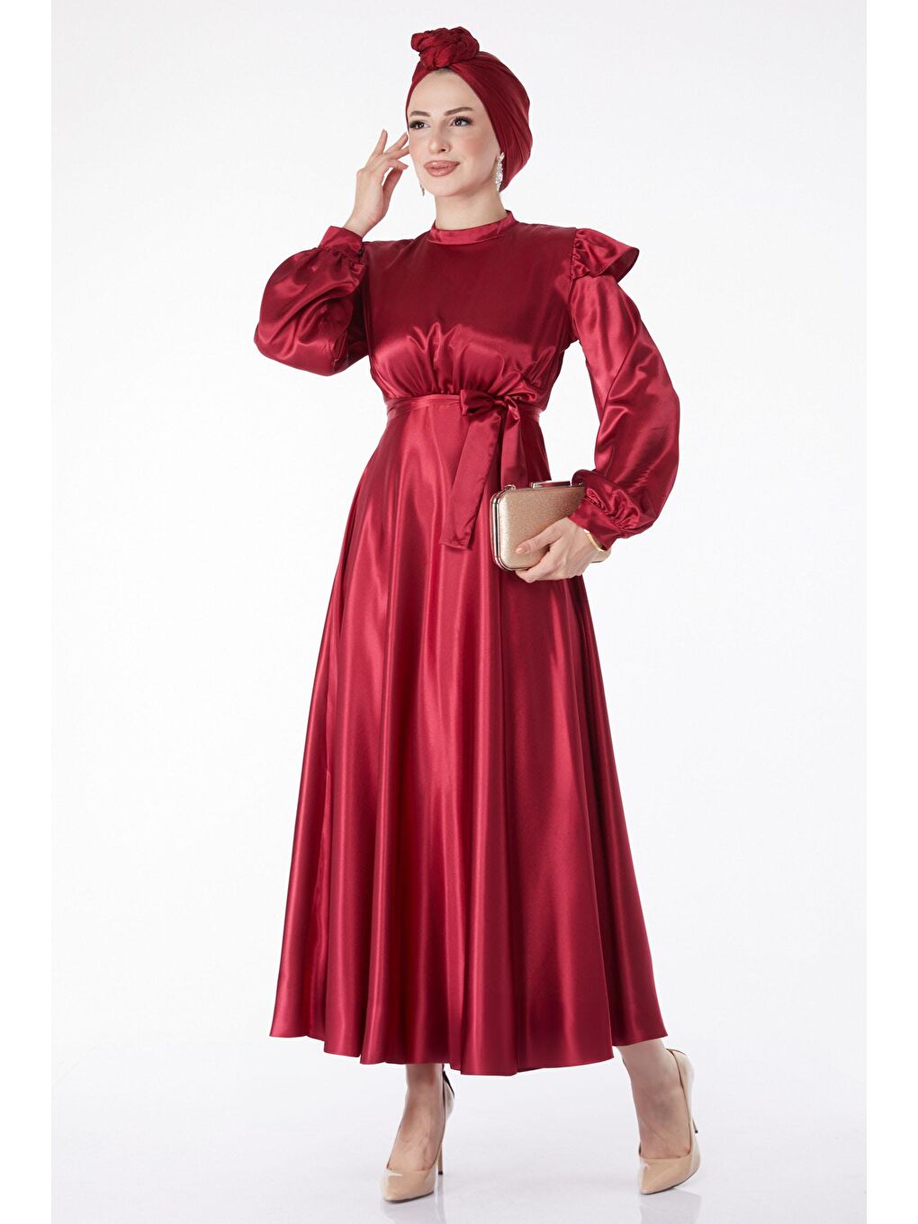 Düz Hakim Yaka Kadın Bordo Prenses Kol Abiye Elbise - 24887-2