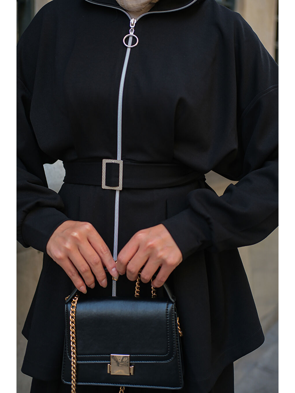 Kadın Pile Detaylı Tokalı Takım Siyah-4