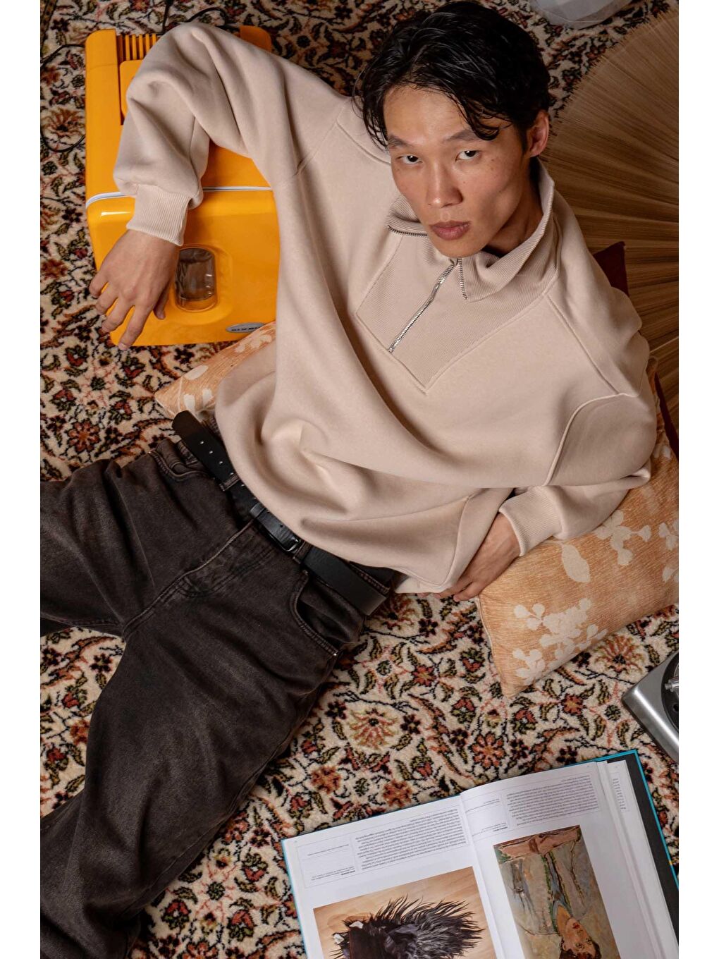 Erkek Oversize Dik Yaka Yarım Fermuarlı Sweatshirt Bej