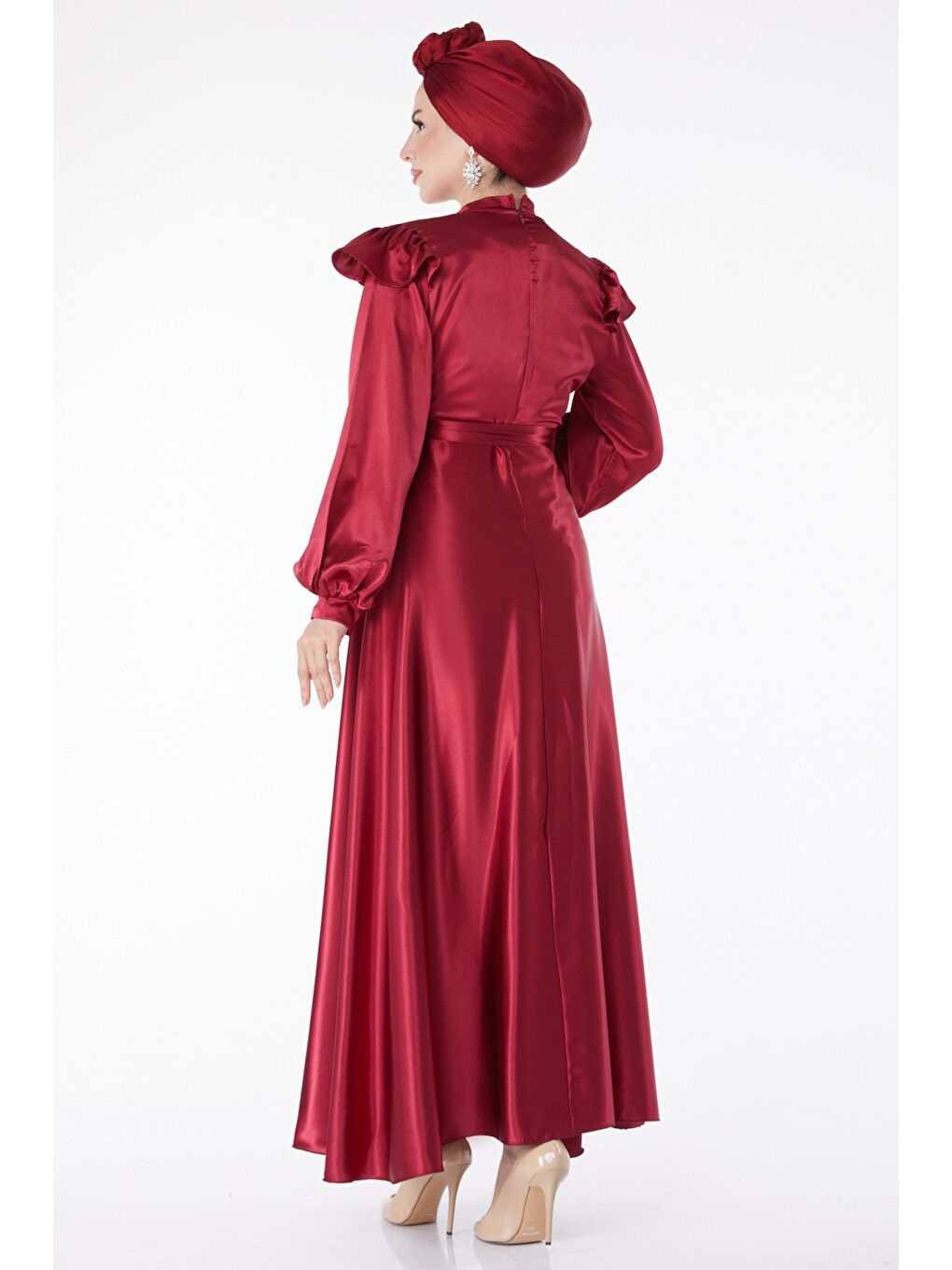 Düz Hakim Yaka Kadın Bordo Prenses Kol Abiye Elbise - 24887-4