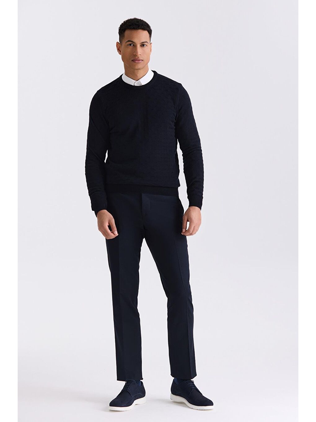 Lacivert Slim Fit Bisiklet Yaka Desenli Triko Kazak-1