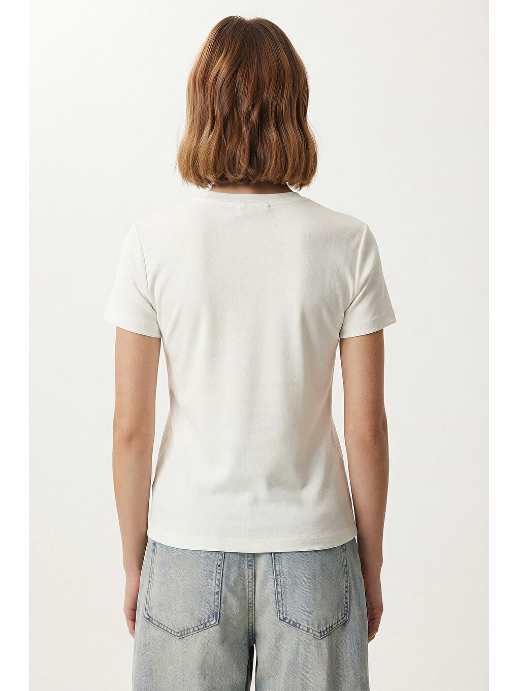 Beyaz Armalı Nakışlı Pamuklu Örme T-shirt BEYAZ LCR0114-4