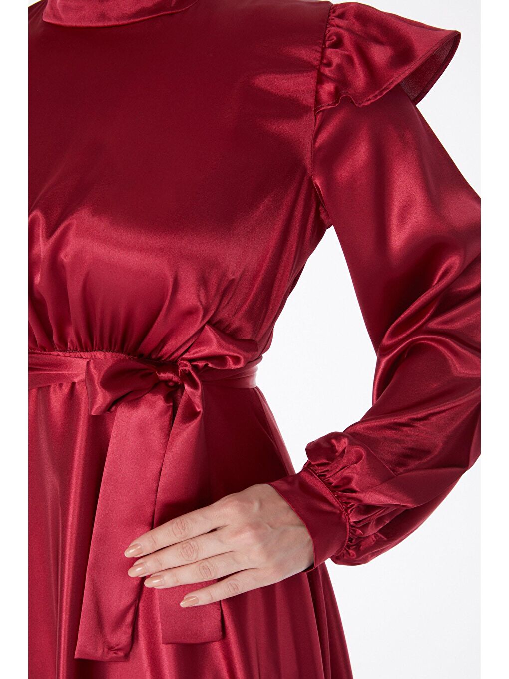 Düz Hakim Yaka Kadın Bordo Prenses Kol Abiye Elbise - 24887-5