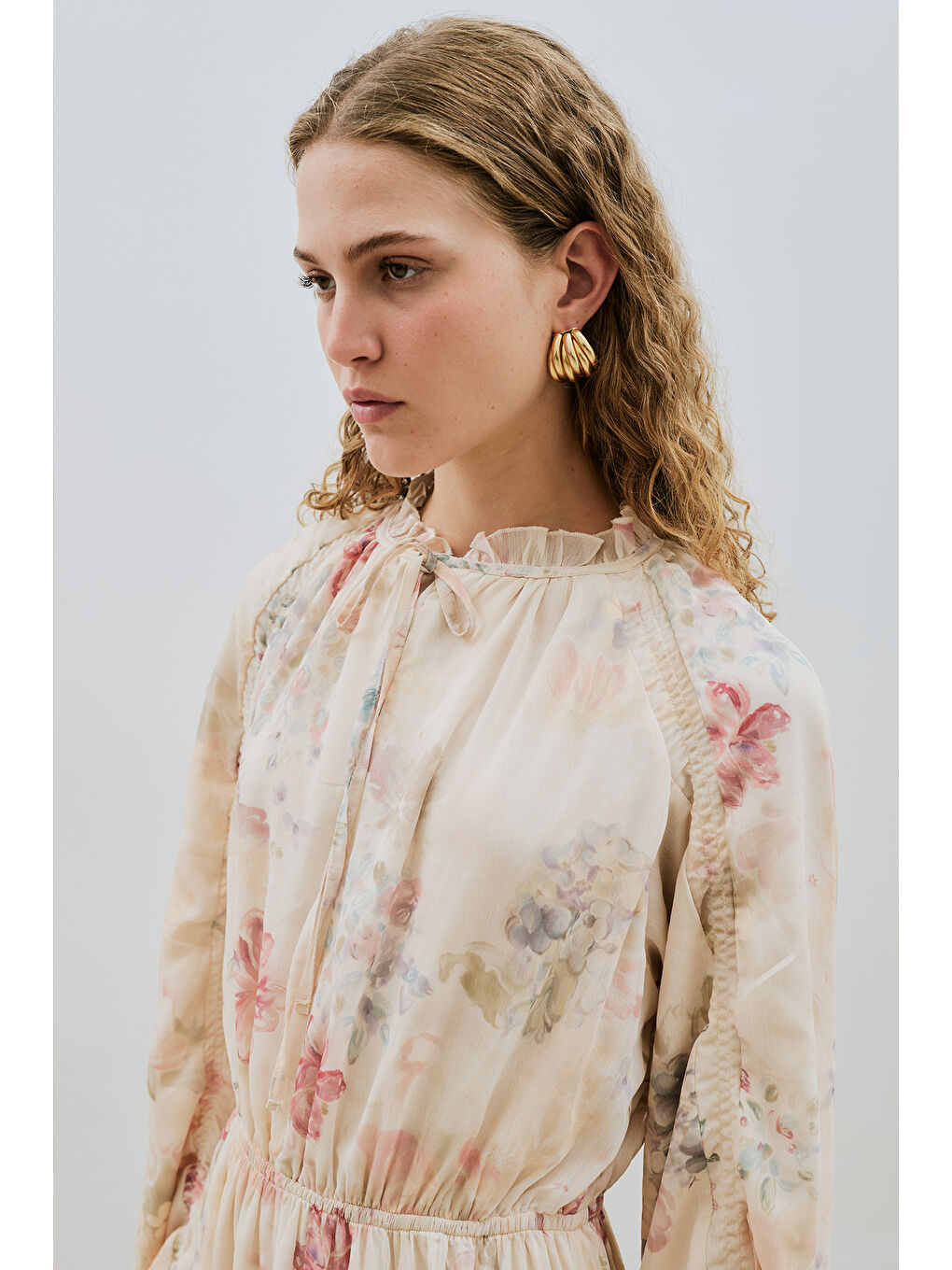 Ekru Uzun Büzgülü Şifon Elbise Roses Butterfly-4