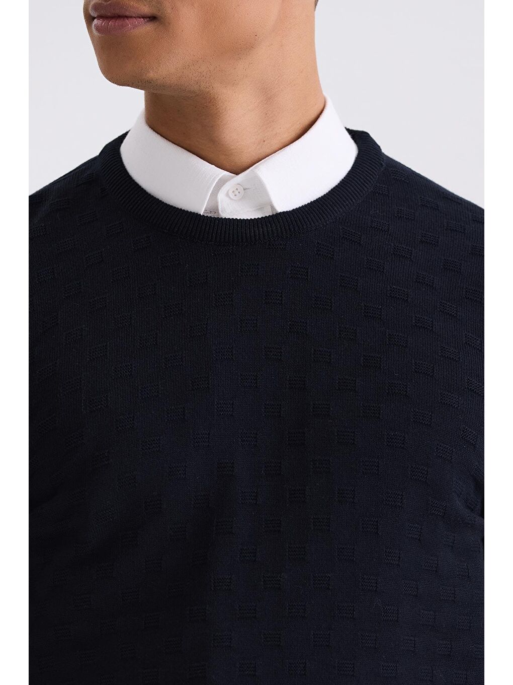 Lacivert Slim Fit Bisiklet Yaka Desenli Triko Kazak-2