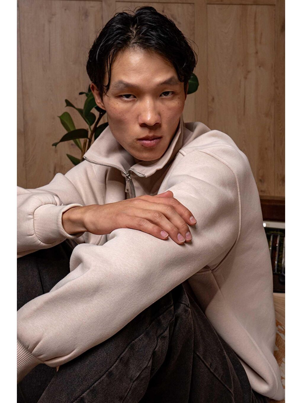 Erkek Oversize Dik Yaka Yarım Fermuarlı Sweatshirt Bej-2