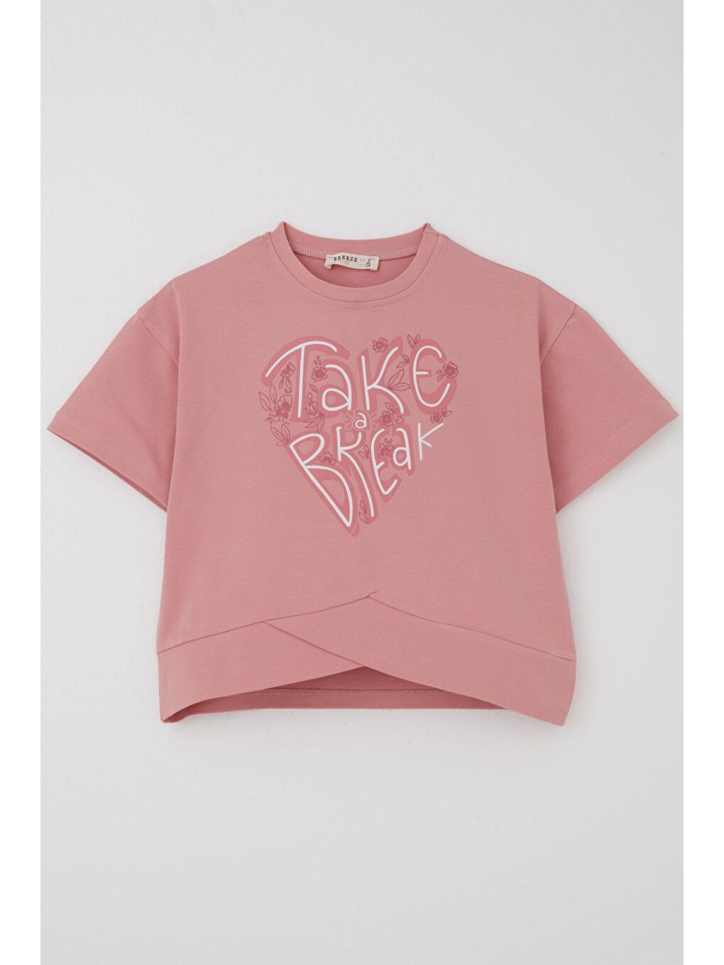 Pembe Kız Çocuk Kapri Taytlı Takım Çapraz Detay Yazı Baskılı Gülkurusu (8-14 Yaş)-1