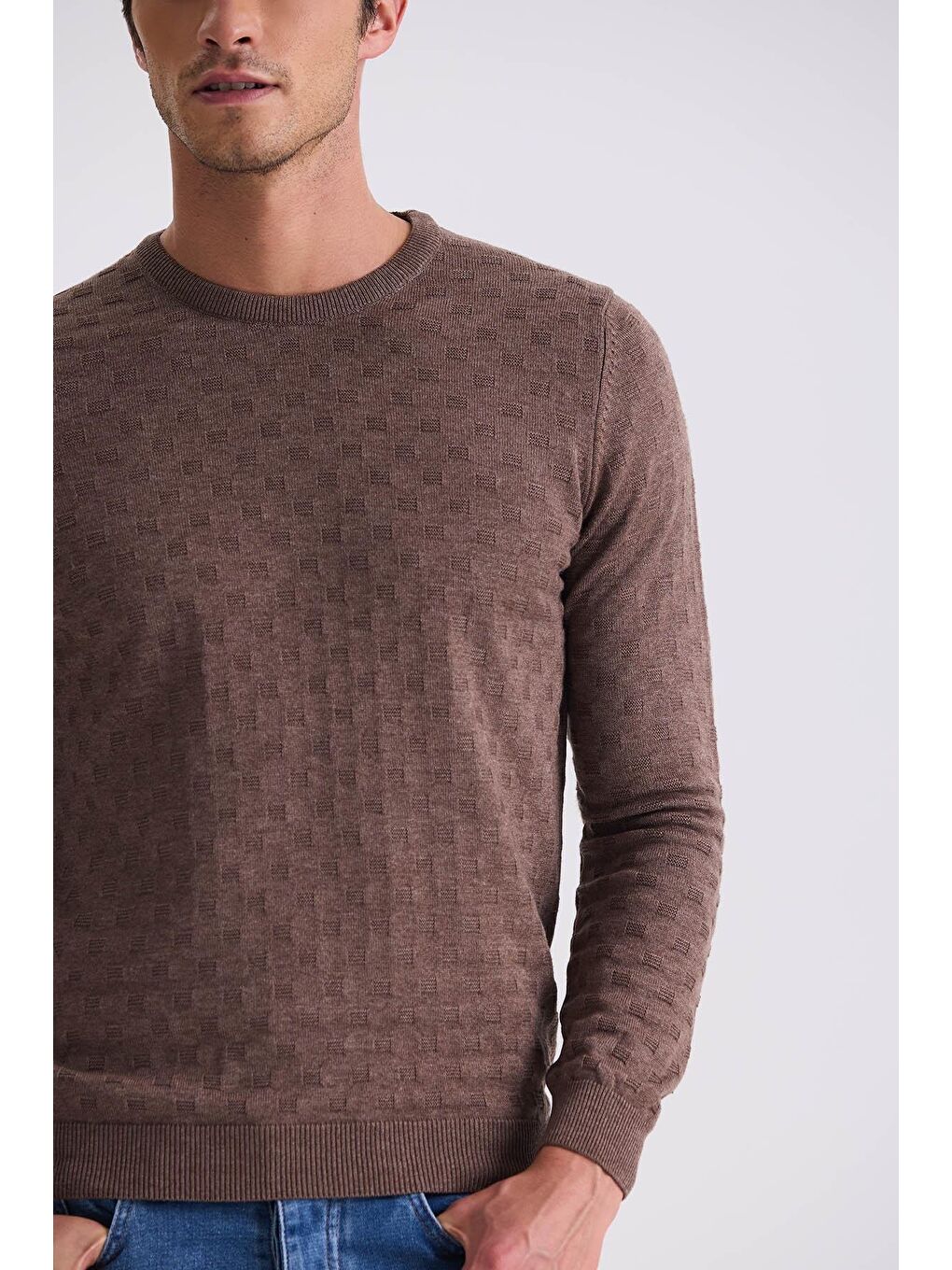 Kahverengi Kahve Slim Fit Bisiklet Yaka Desenli Triko Kazak-2