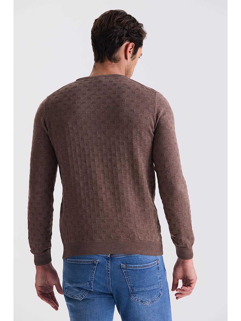 Kahverengi Kahve Slim Fit Bisiklet Yaka Desenli Triko Kazak-3