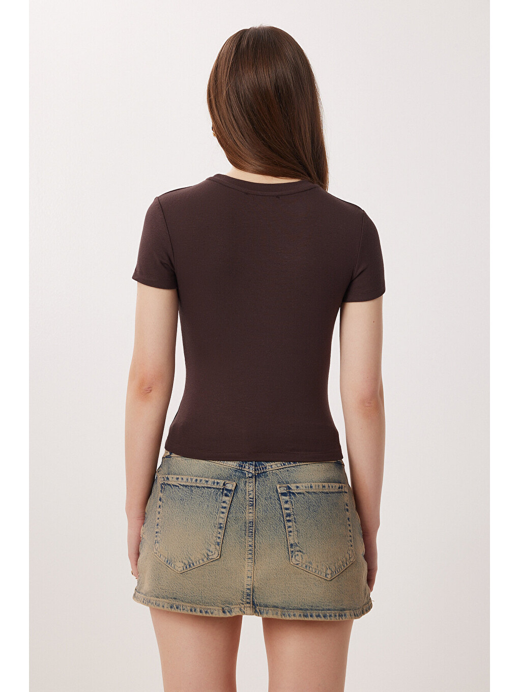 Kahverengi Bisiklet Yaka Basic Örme T-shirt KAHVERENGİ LDZ0067-3