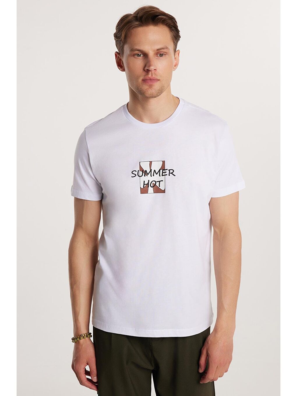 Erkek Slim Fit Dar Kesim %100 Pamuk Yumuşak Dokulu Baskılı Beyaz Bisiklet Yaka Tişört-3