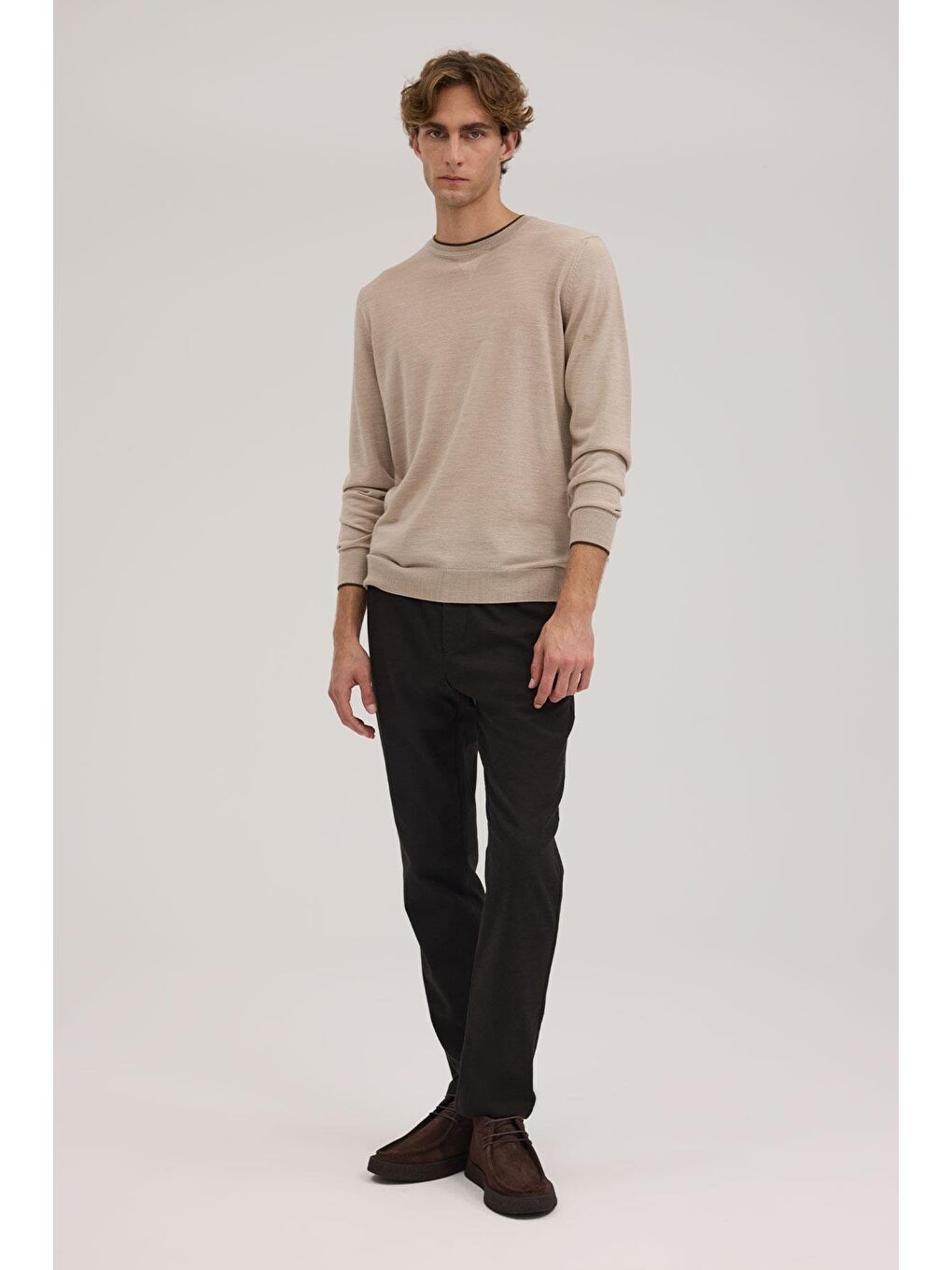 Bej Taş Slim Fit Bisiklet Yaka V Tiftikli Yünlü Triko Kazak-1