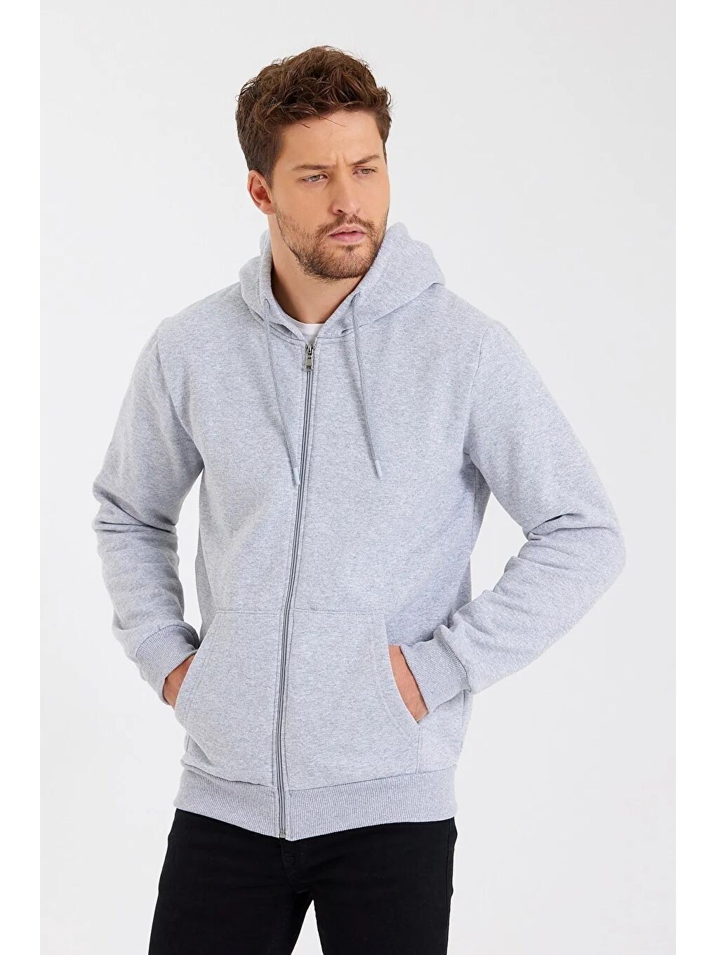 Gri Kapüşonlu Regular Fit Hırka Düz Paça Erkek Eşofman Takımı 3861-4