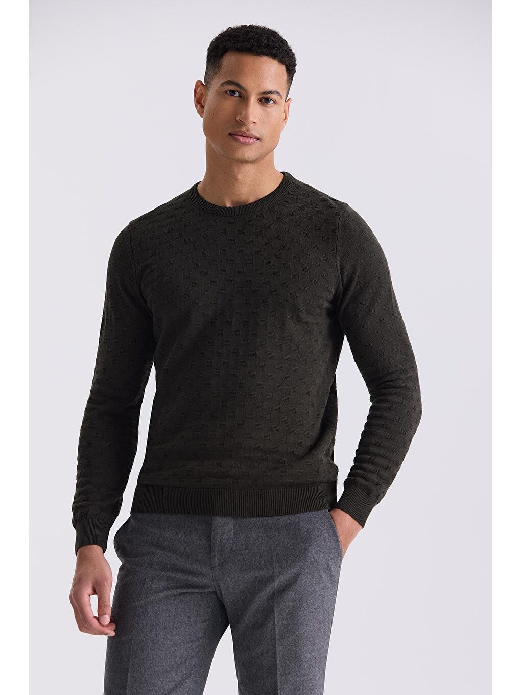 Haki Slim Fit Bisiklet Yaka Desenli Triko Kazak