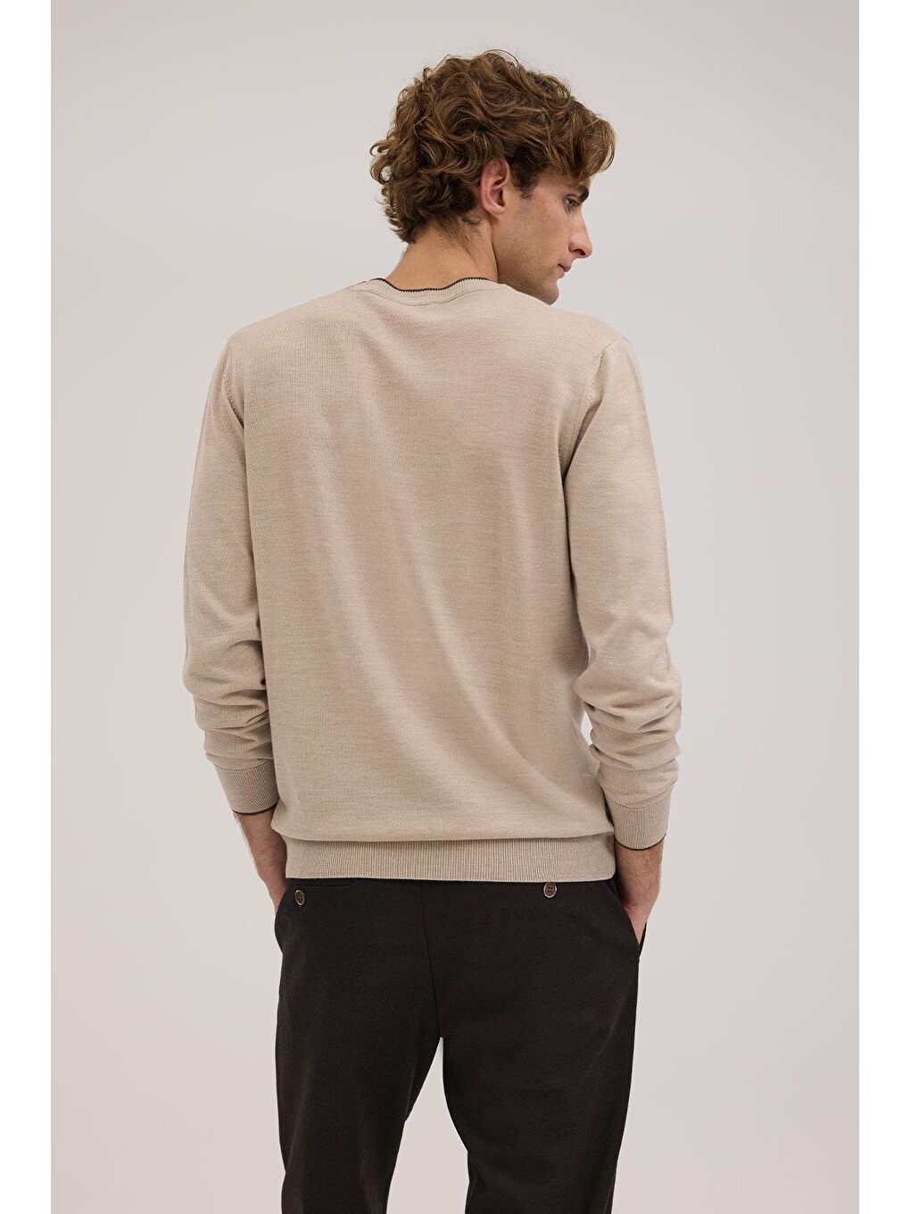 Bej Taş Slim Fit Bisiklet Yaka V Tiftikli Yünlü Triko Kazak-3