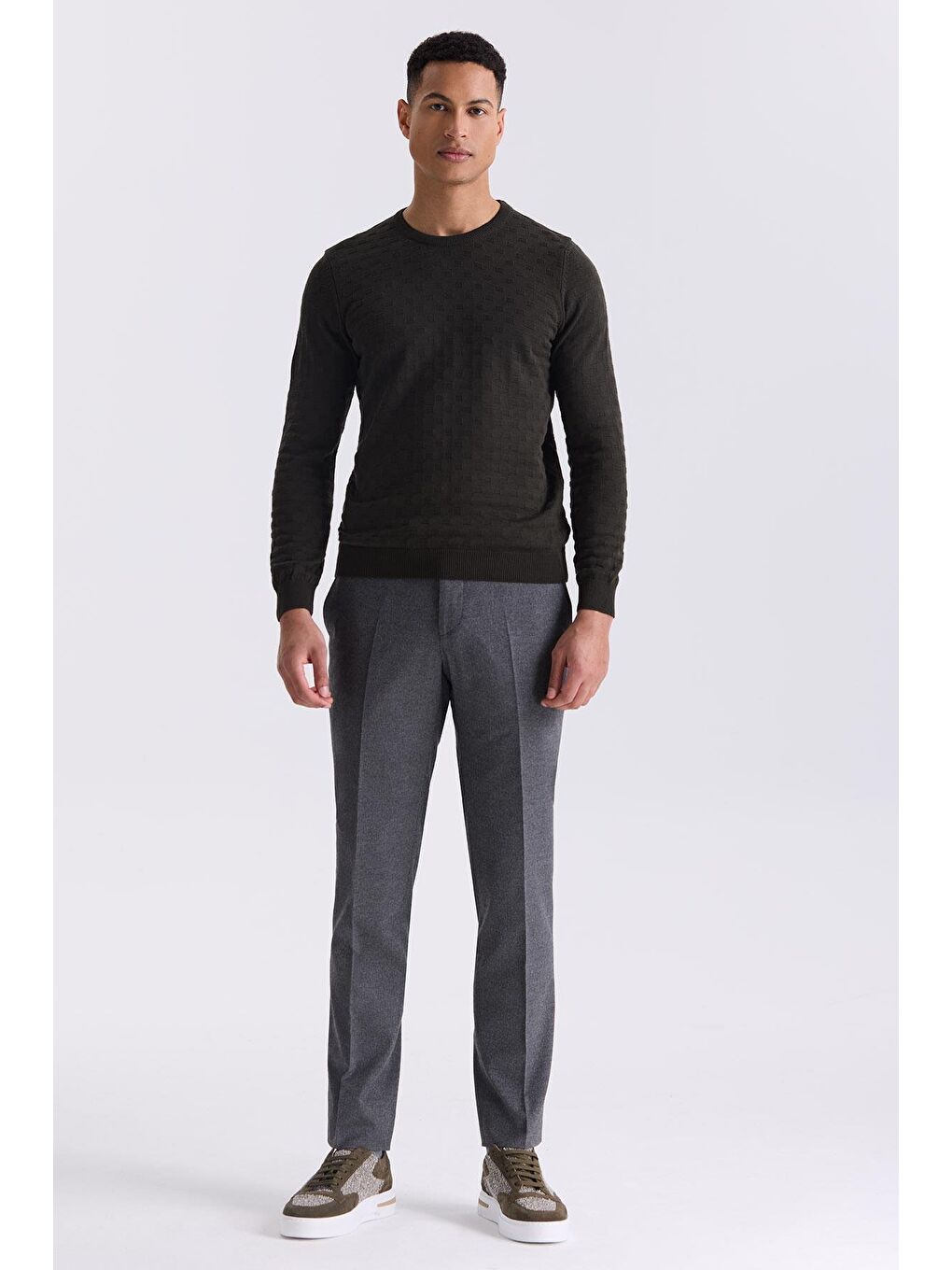 Haki Slim Fit Bisiklet Yaka Desenli Triko Kazak-1