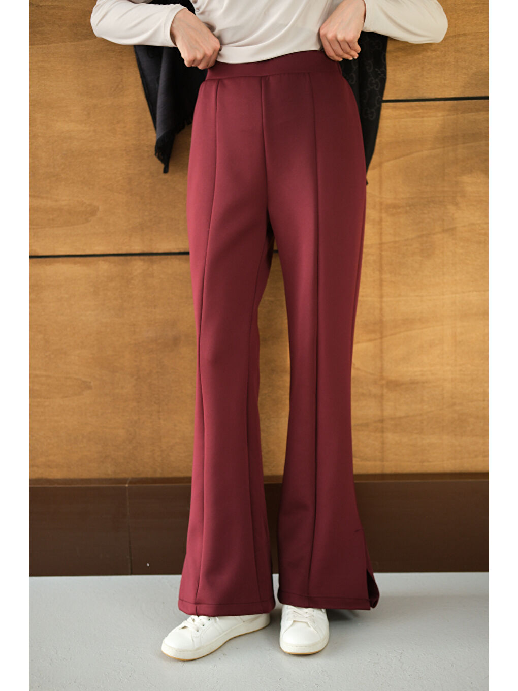 Kadın Yandan Yırtmaçlı Scuba Pantolon Bordo