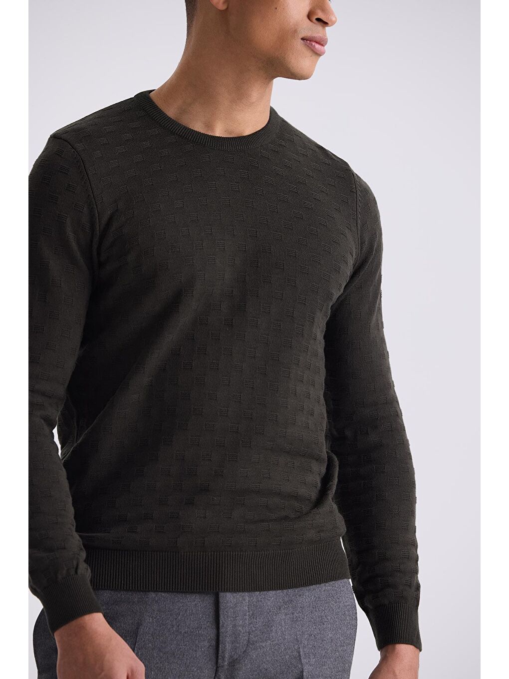 Haki Slim Fit Bisiklet Yaka Desenli Triko Kazak-2