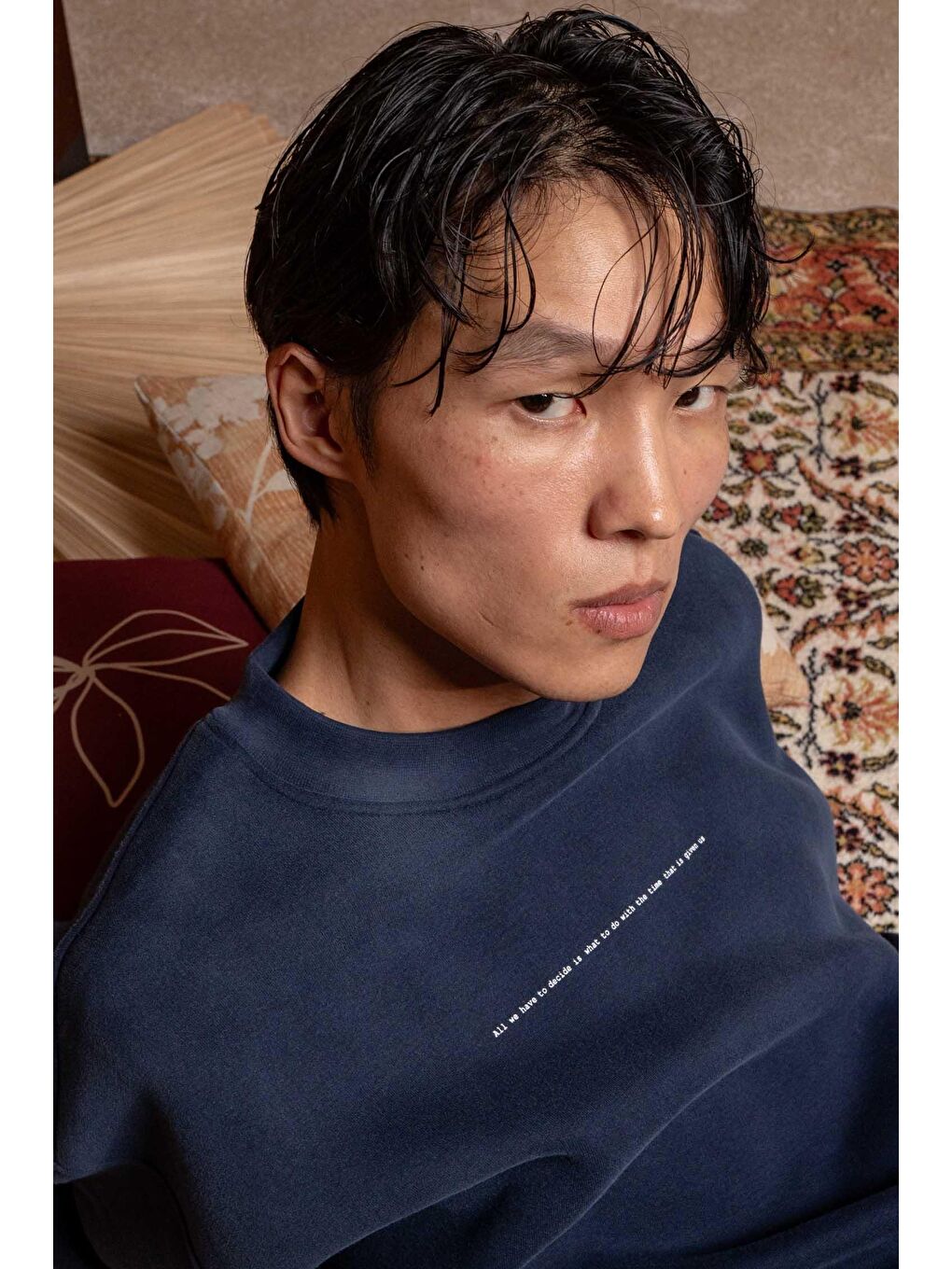 Erkek Minimal Yazı Detaylı Yıkamalı Sweatshirt Lacivert-1