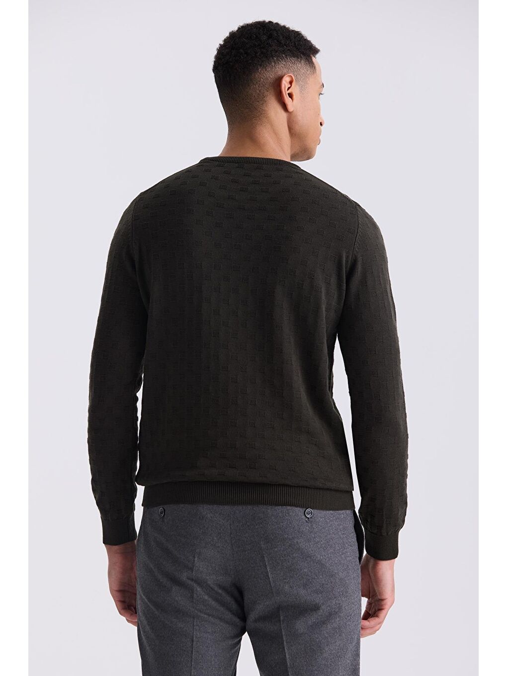 Haki Slim Fit Bisiklet Yaka Desenli Triko Kazak-3