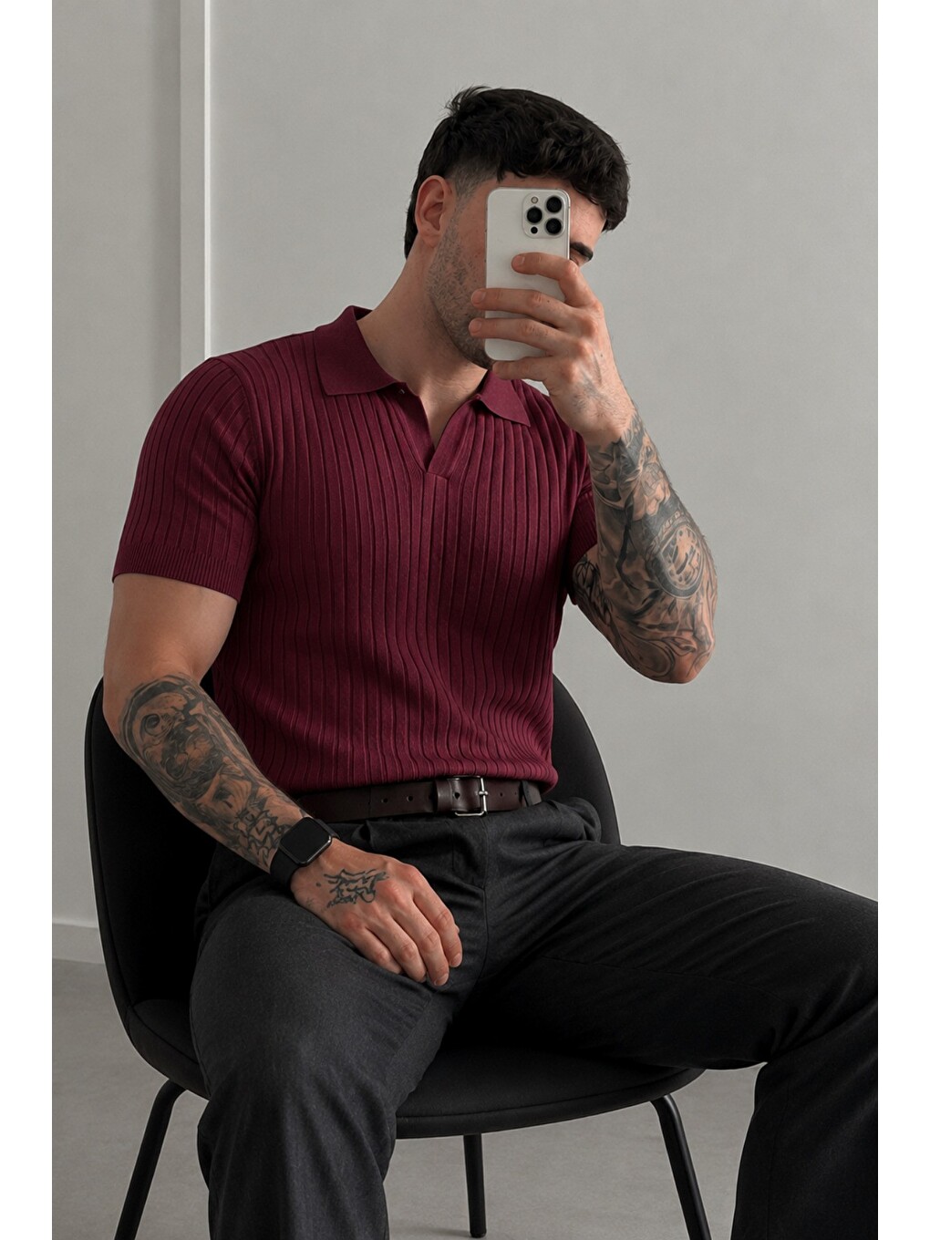Bordo Premium Fitilli Triko Polo Yaka Erkek Old Money T-Shirt-1