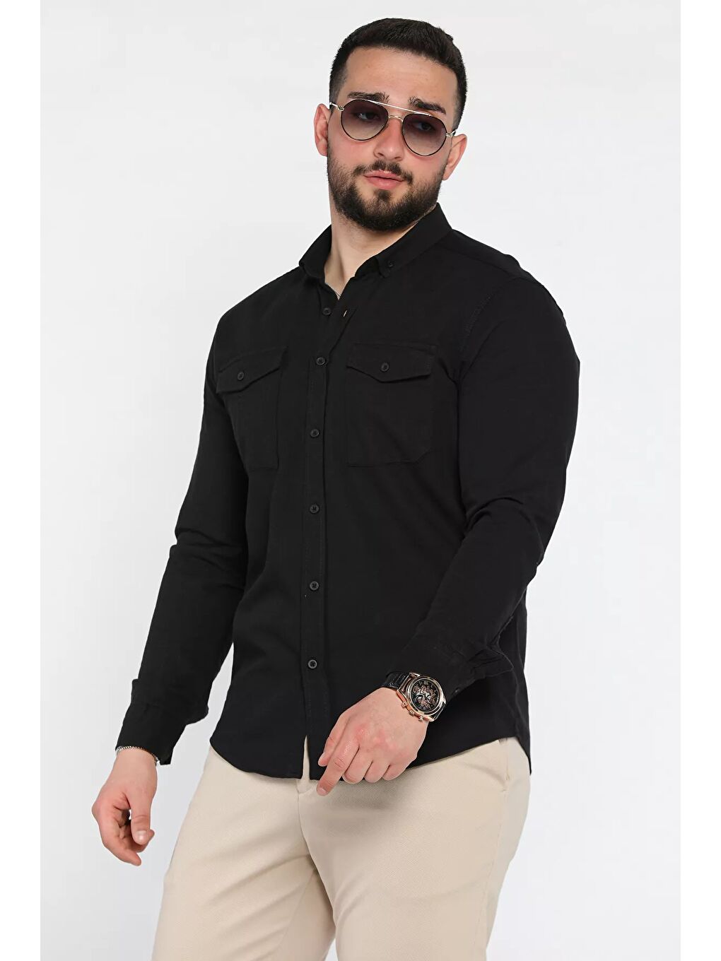 Siyah Çift Cepli Erkek Uzun Kol Gömlek-1
