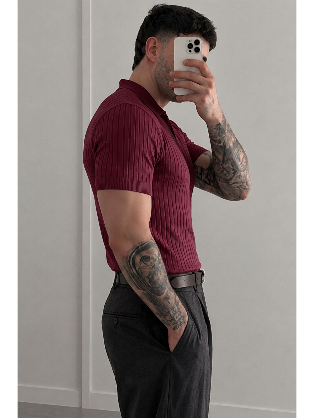 Bordo Premium Fitilli Triko Polo Yaka Erkek Old Money T-Shirt-2
