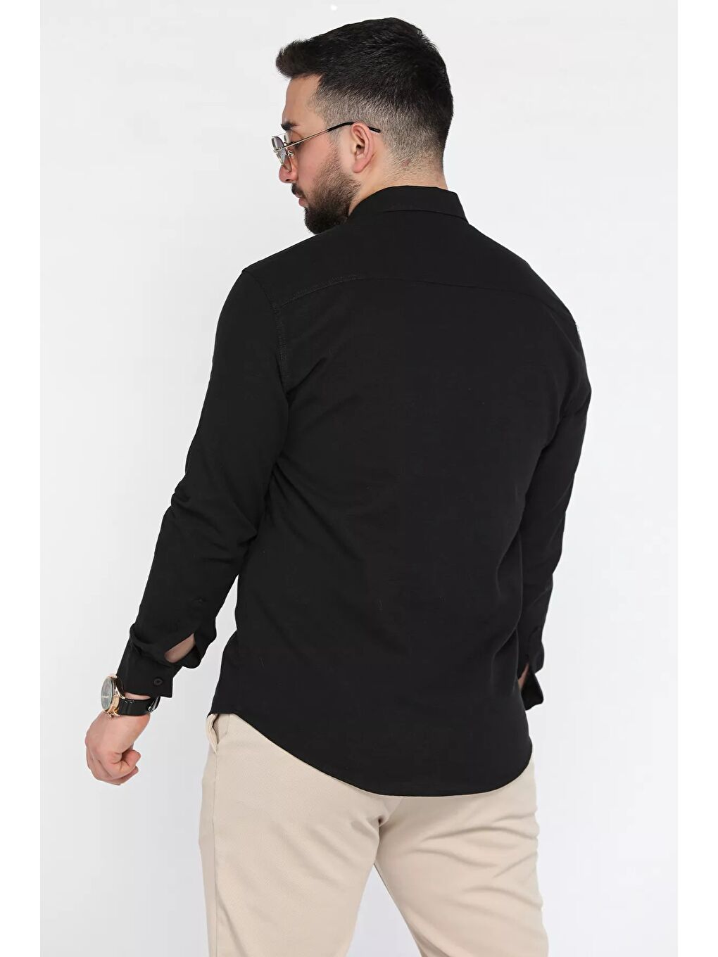 Siyah Çift Cepli Erkek Uzun Kol Gömlek-2