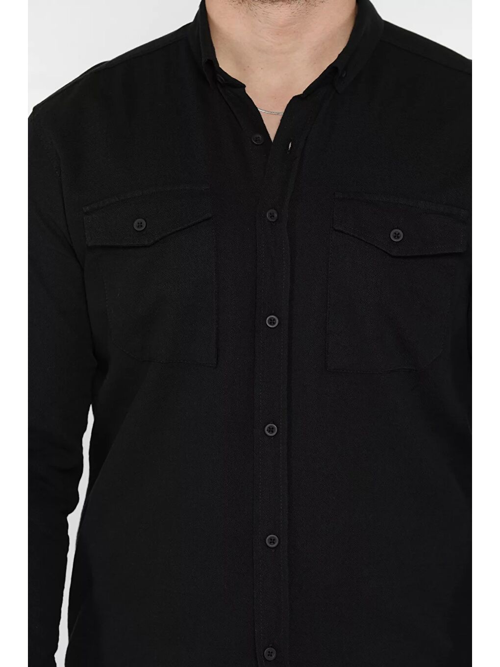 Siyah Çift Cepli Erkek Uzun Kol Gömlek-3