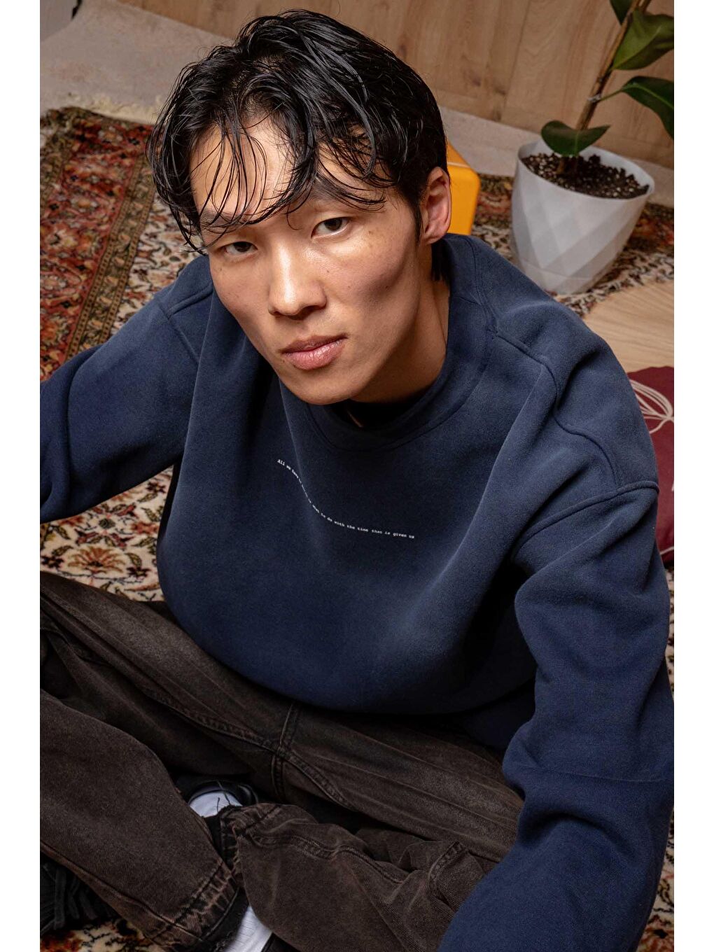 Erkek Minimal Yazı Detaylı Yıkamalı Sweatshirt Lacivert-3