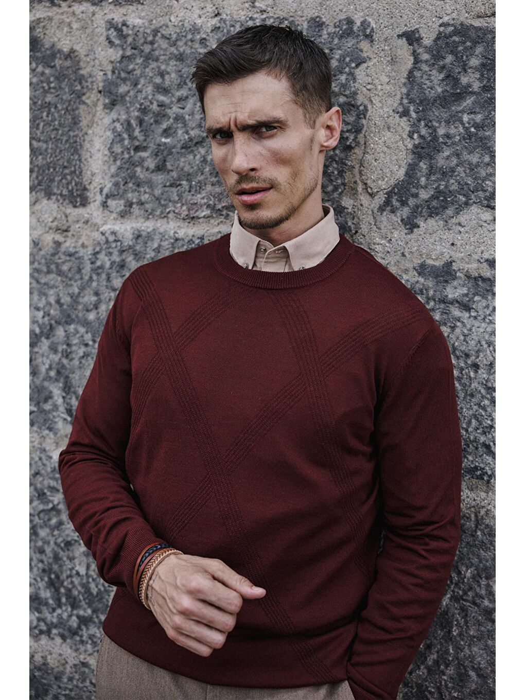 Kahverengi Kiremit Slim Fit Desenli Bisiklet Yaka Triko-3