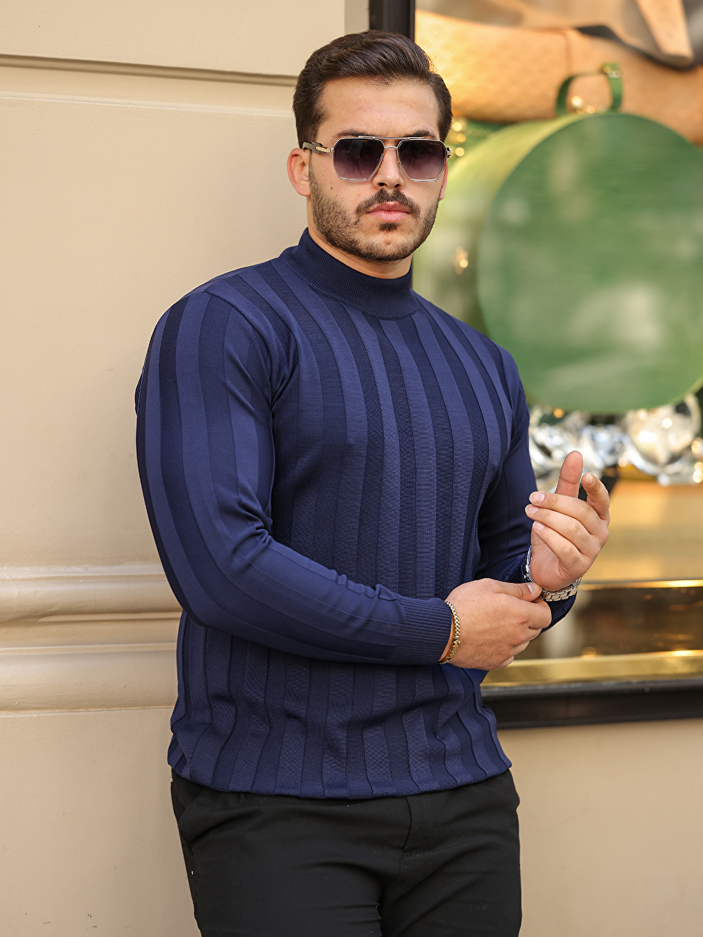 Lacivert Erkek Yarım Balıkçı Yaka Kabartma Desenli Triko-1