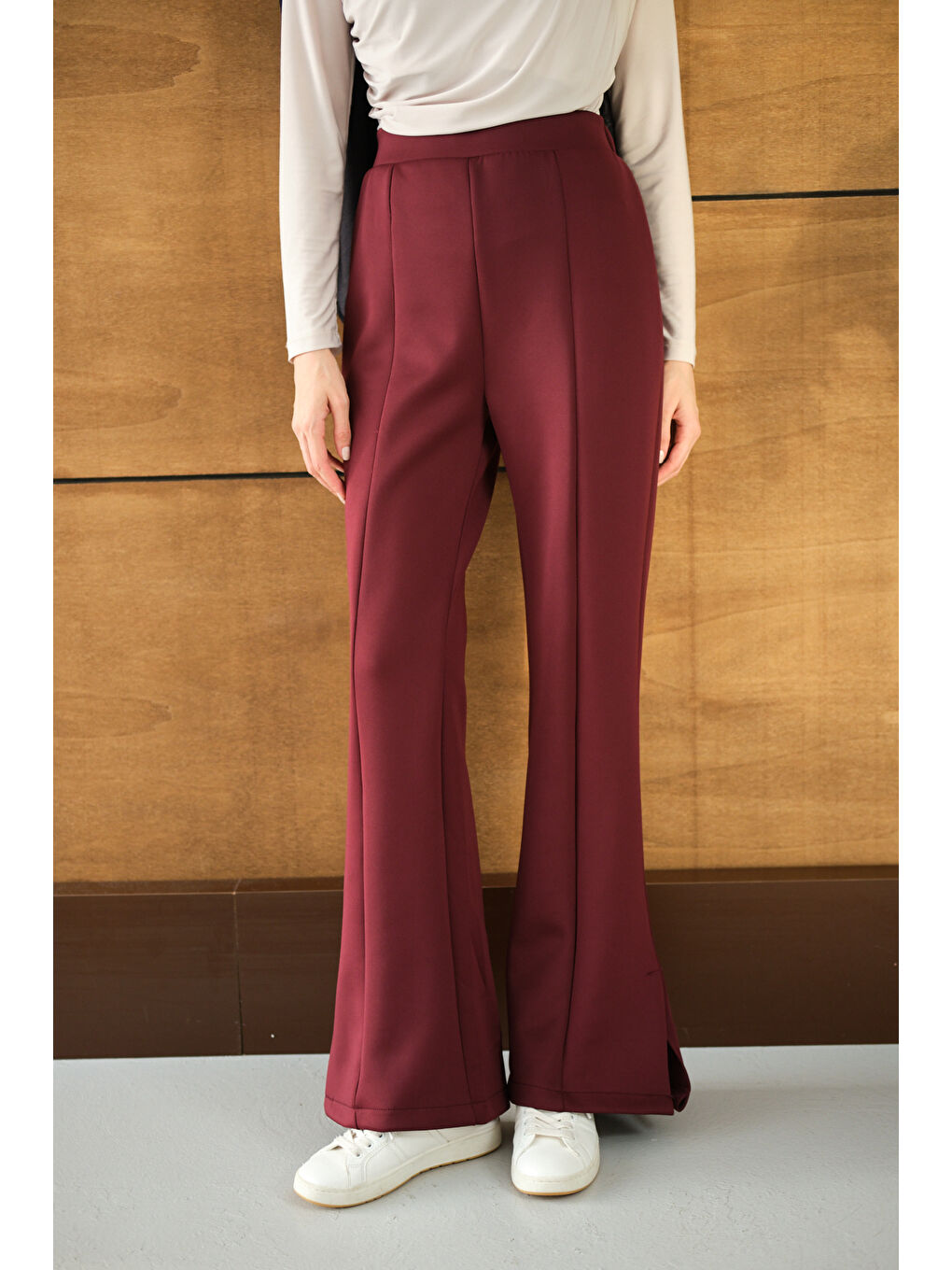 Kadın Yandan Yırtmaçlı Scuba Pantolon Bordo-2