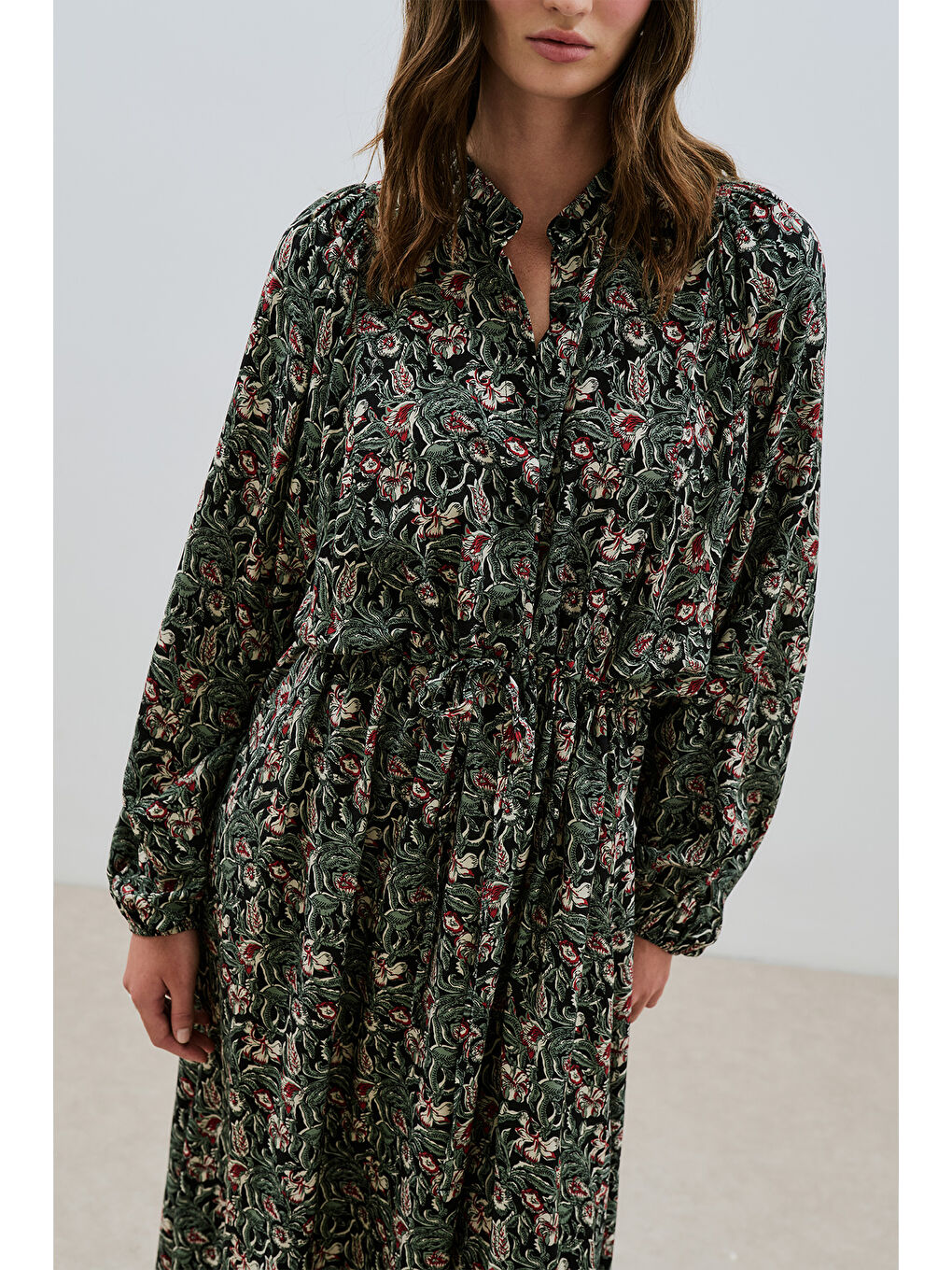 Siyah Desenli Viskon Bağlamalı Elbise Vıntage Floral-2