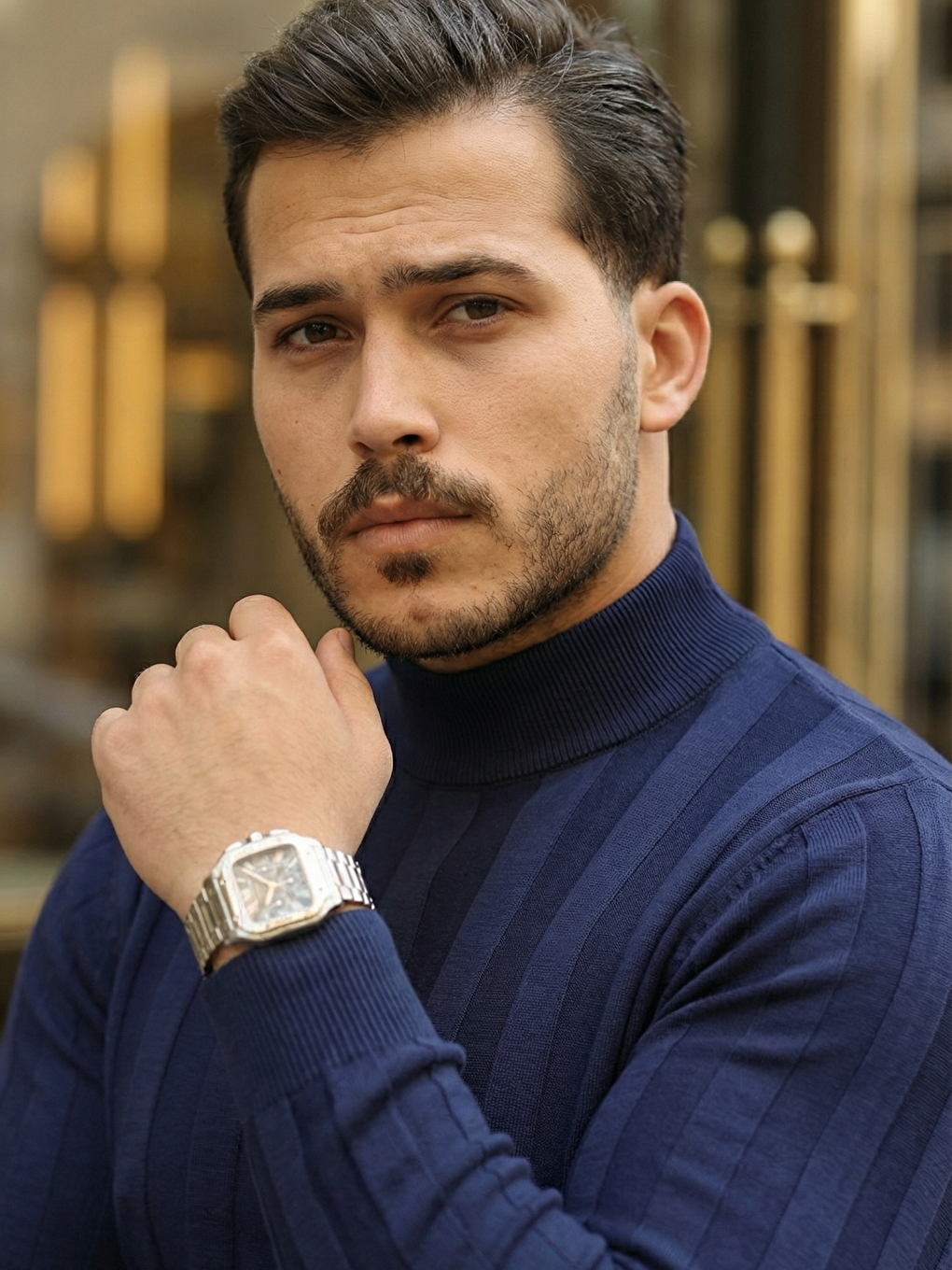 Lacivert Erkek Yarım Balıkçı Yaka Kabartma Desenli Triko-2