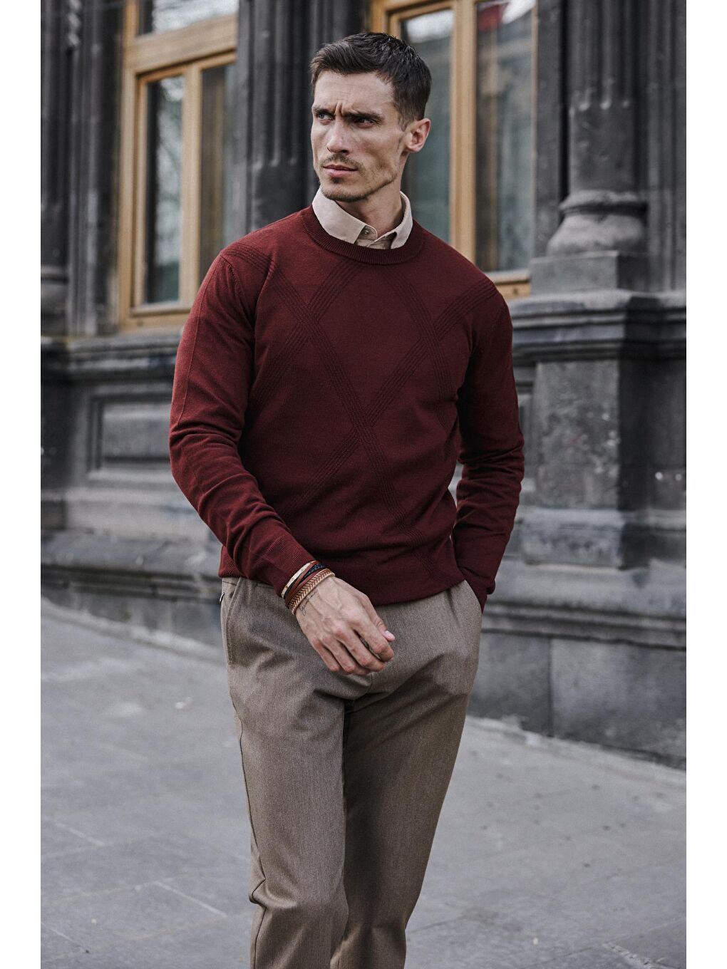 Kahverengi Kiremit Slim Fit Desenli Bisiklet Yaka Triko-5