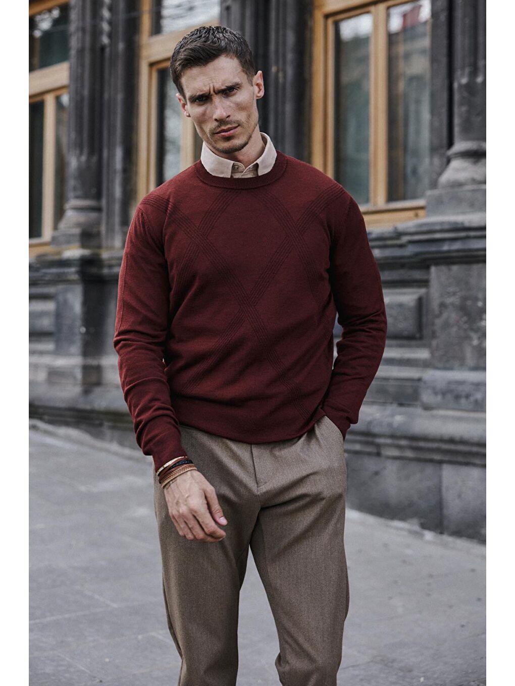 Kahverengi Kiremit Slim Fit Desenli Bisiklet Yaka Triko-1