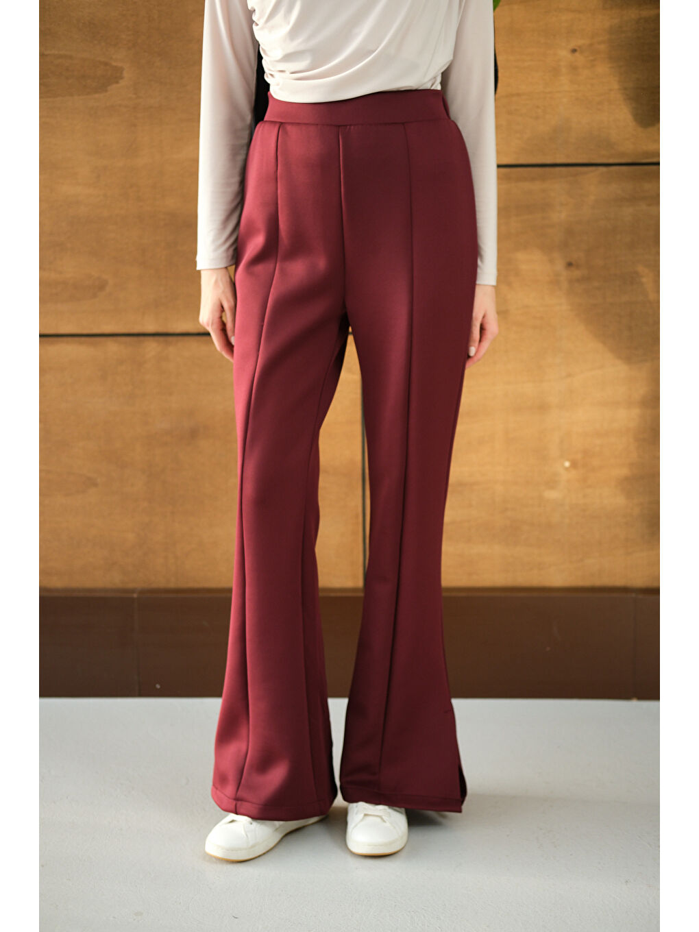 Kadın Yandan Yırtmaçlı Scuba Pantolon Bordo-4