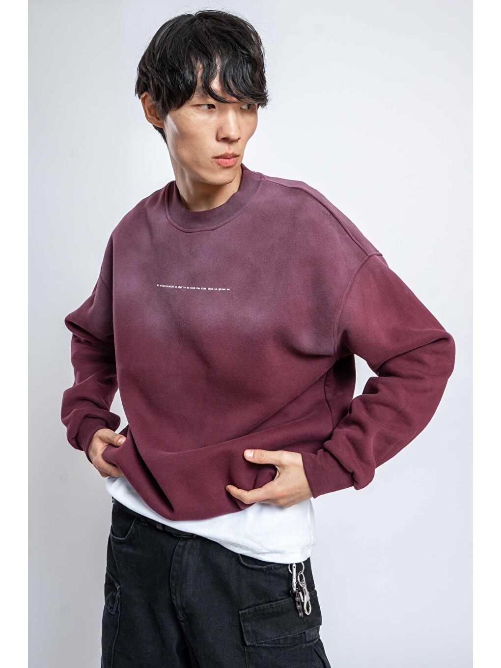 Erkek Minimal Yazı Detaylı Yıkamalı Sweatshirt Bordo-2