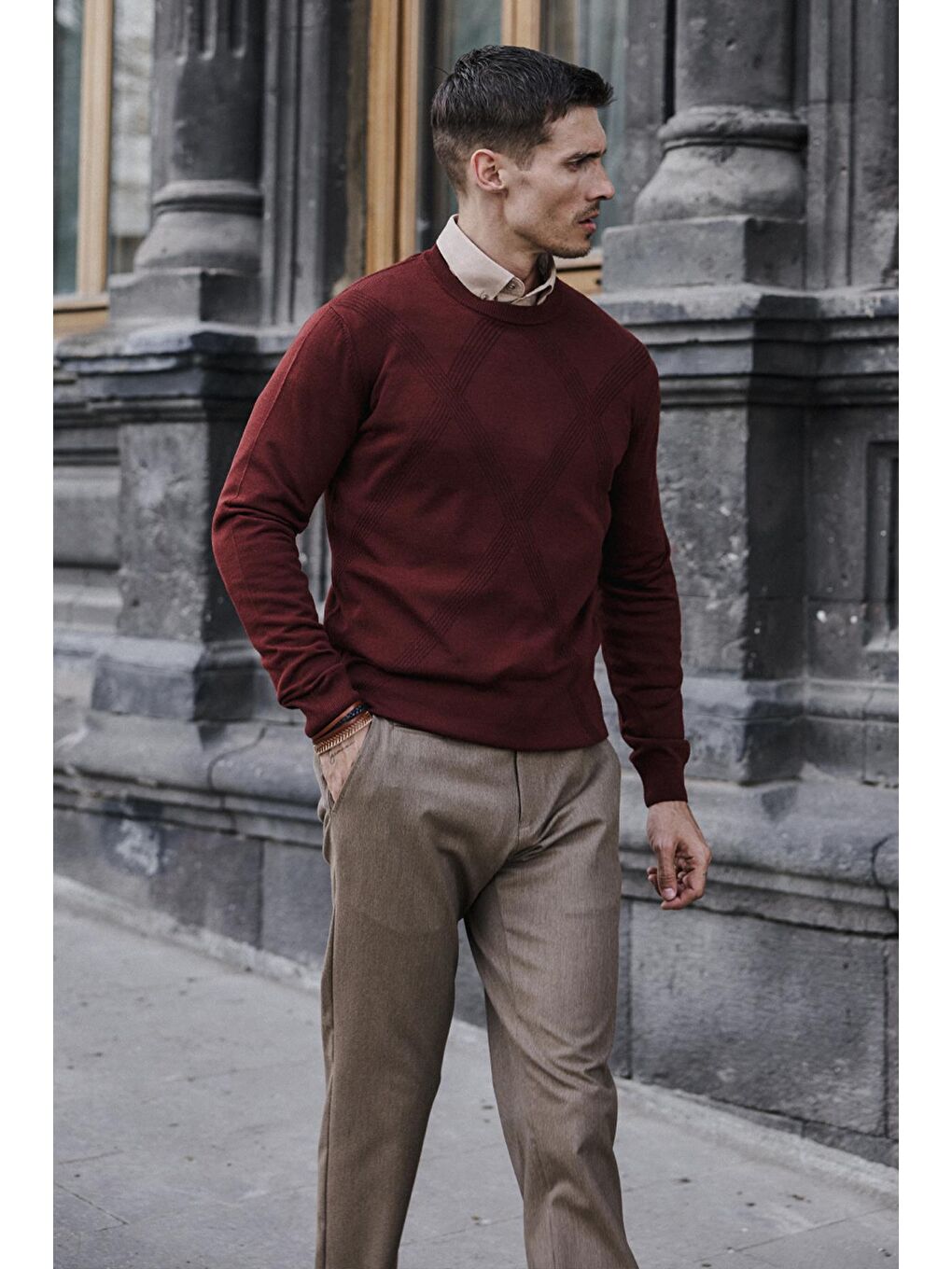 Kahverengi Kiremit Slim Fit Desenli Bisiklet Yaka Triko-4