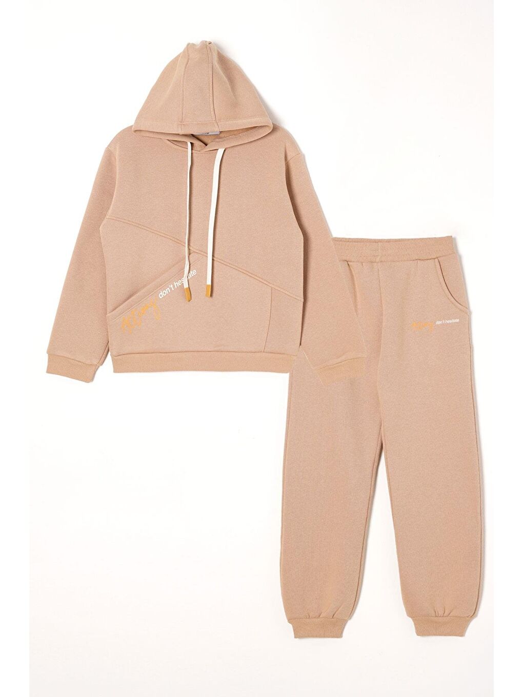 Bej Kapüşonlu Uzun Kol Yazı Baskılı Vizon Renk Erkek Çocuk Eşofman Takım