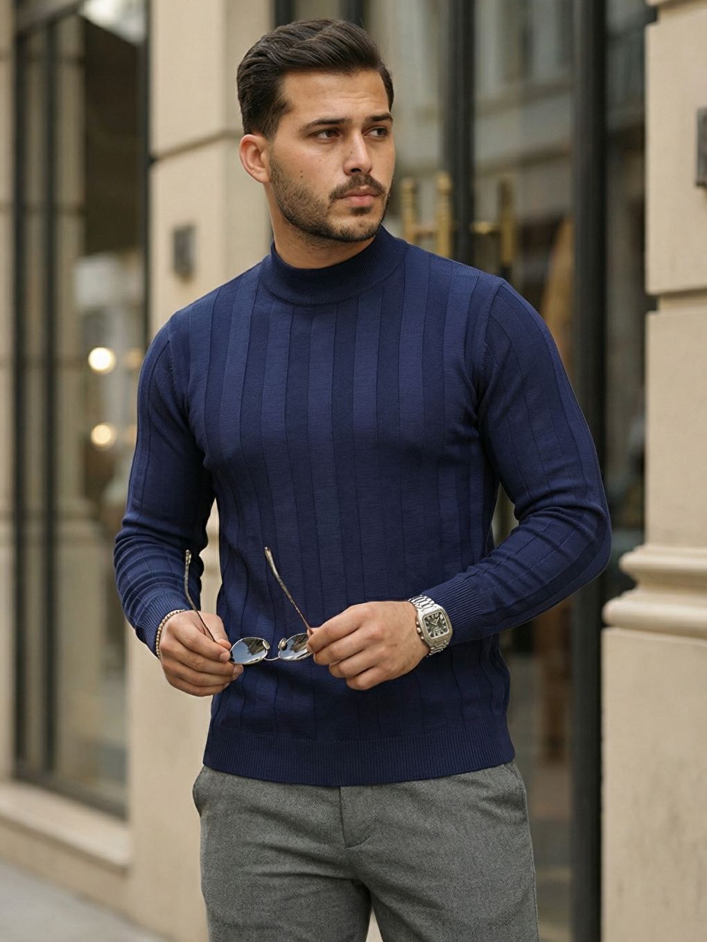 Lacivert Erkek Yarım Balıkçı Yaka Kabartma Desenli Triko-4
