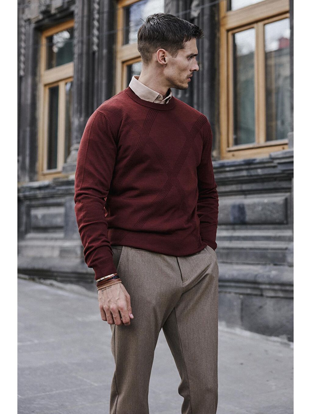 Kahverengi Kiremit Slim Fit Desenli Bisiklet Yaka Triko