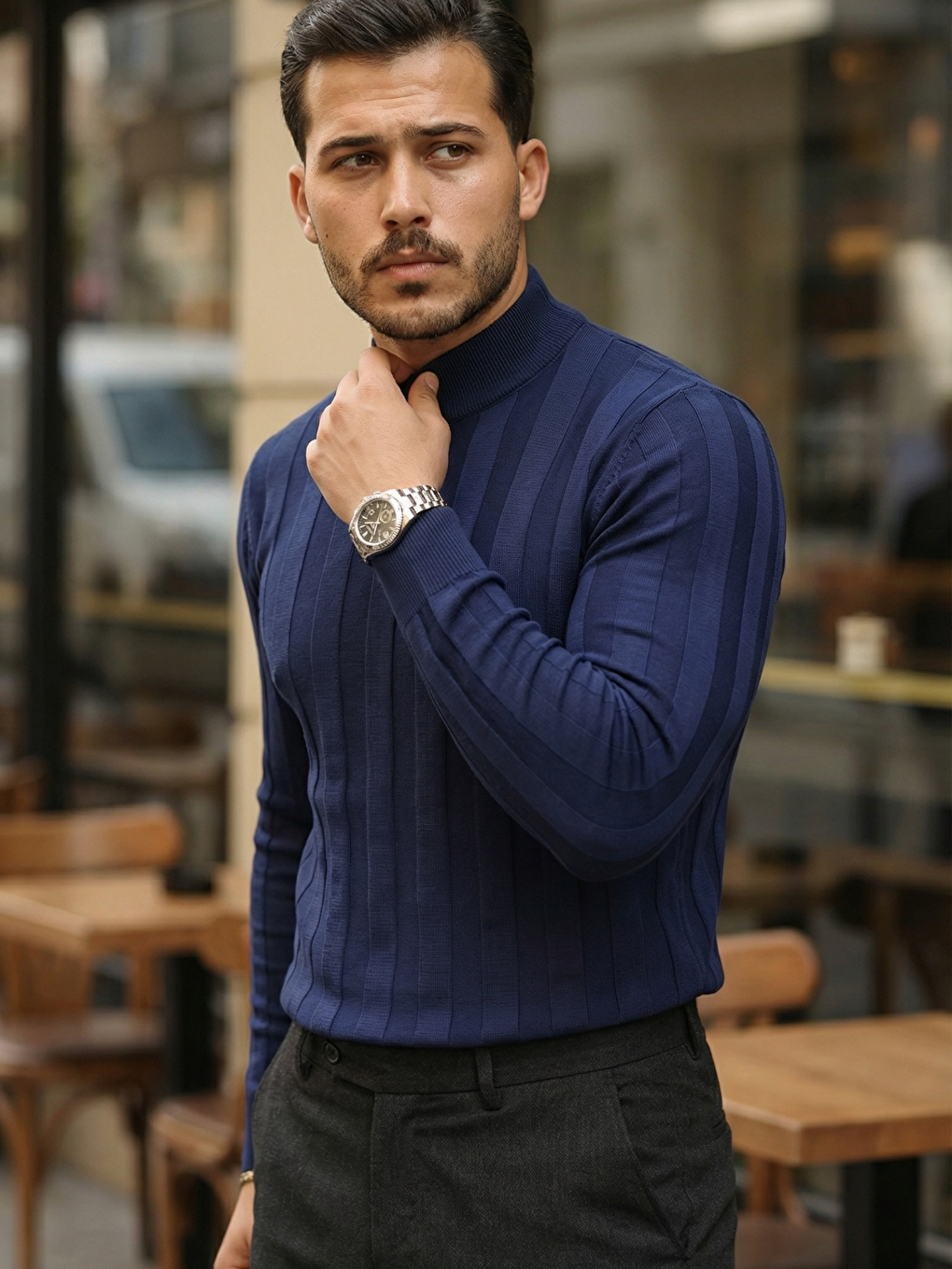 Lacivert Erkek Yarım Balıkçı Yaka Kabartma Desenli Triko-5