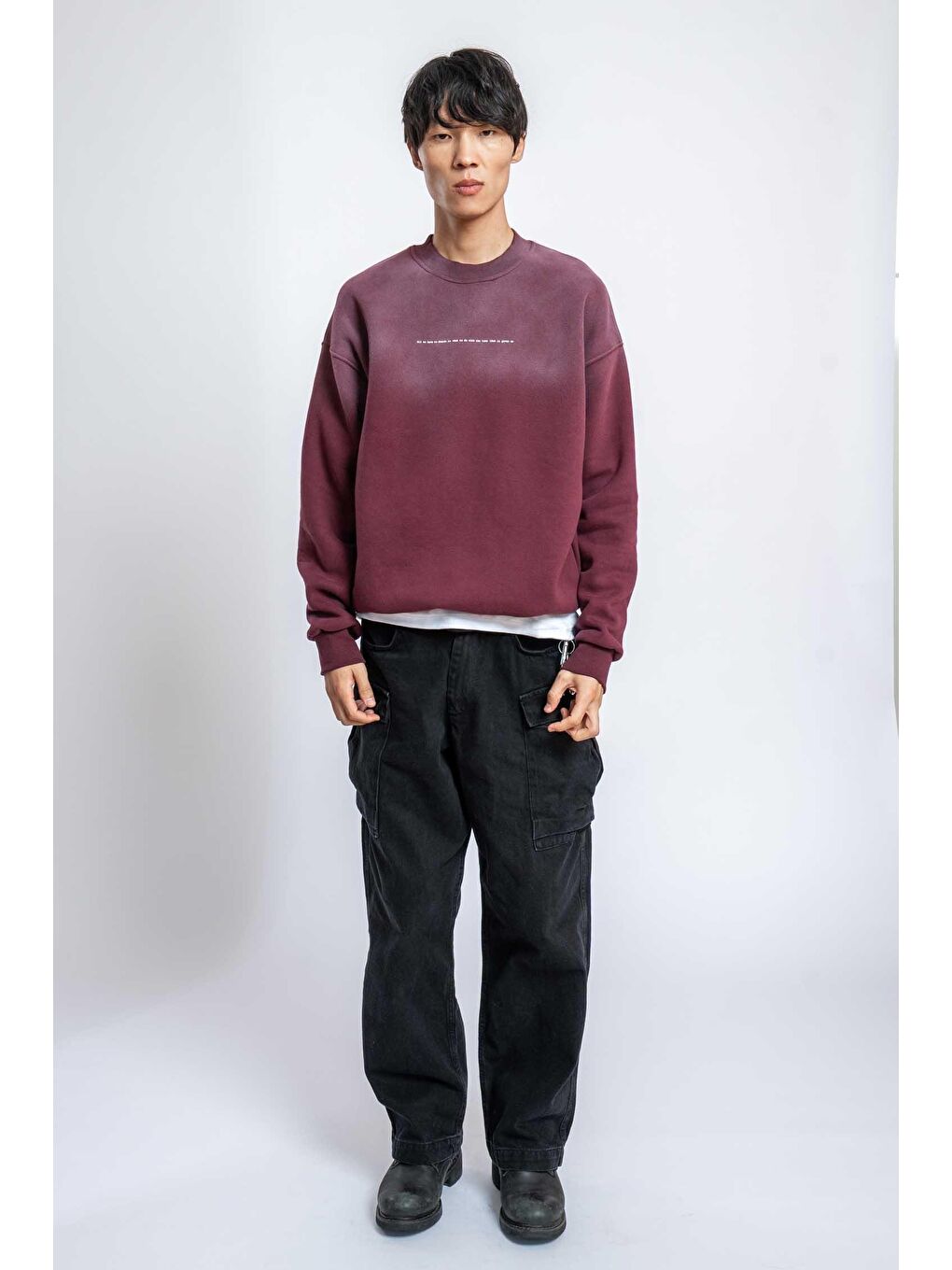 Erkek Minimal Yazı Detaylı Yıkamalı Sweatshirt Bordo-4