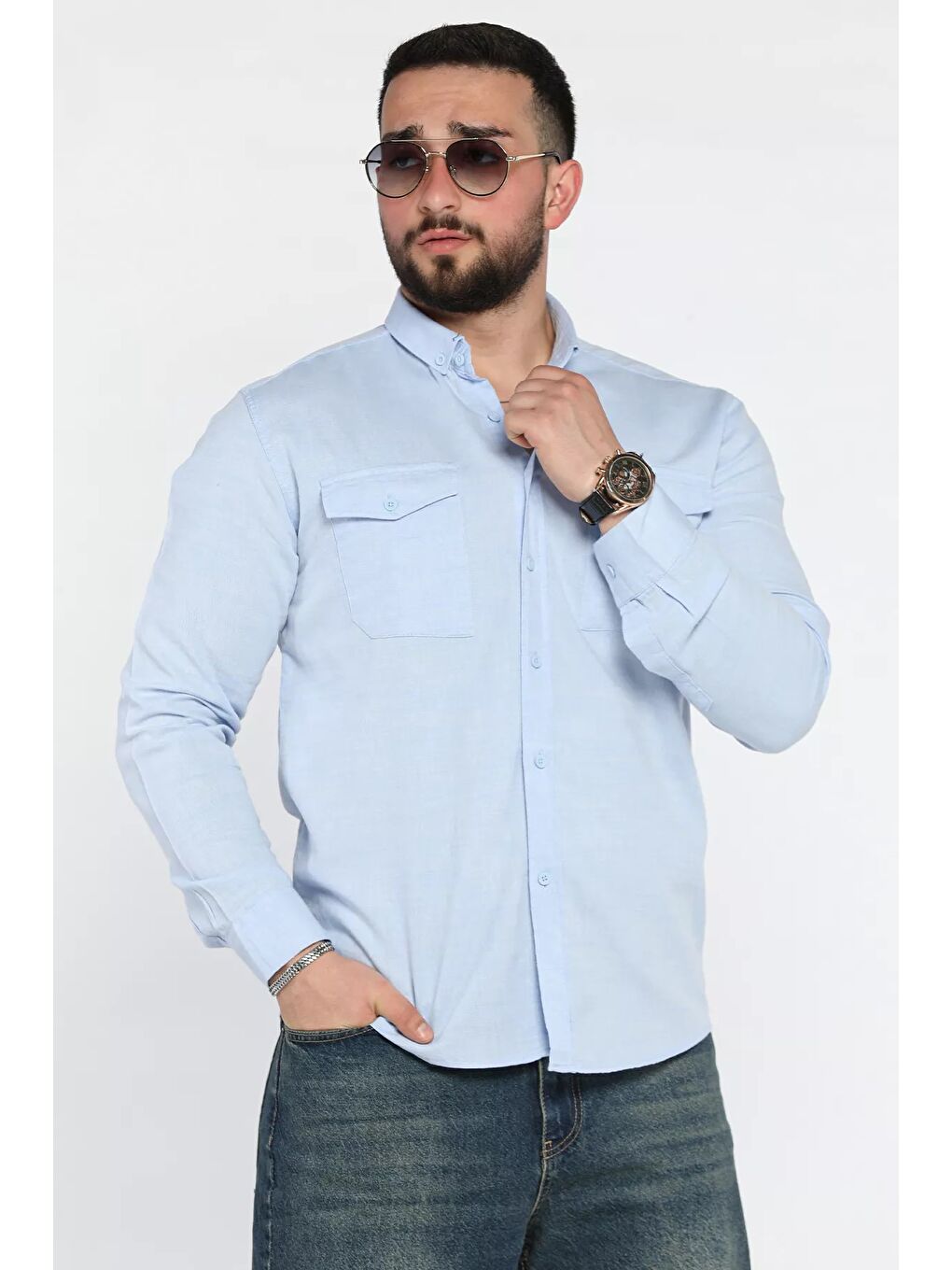 Mavi Çift Cepli Erkek Uzun Kol Gömlek-1
